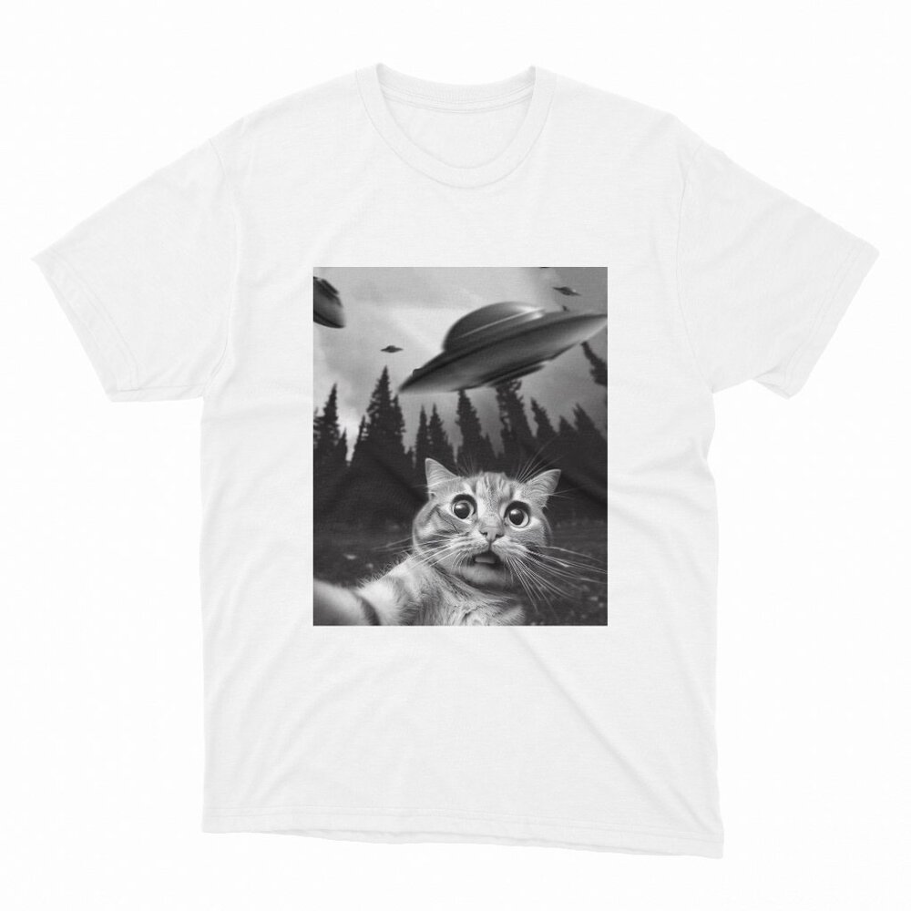 Funny Cat Selfie with UFOs White T-Shirt